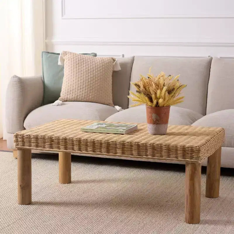 Tavolino da caffè in rattan intrecciato – Rotondo stile Boho Finitura naturale Tavolino d'appoggio per soggiorno