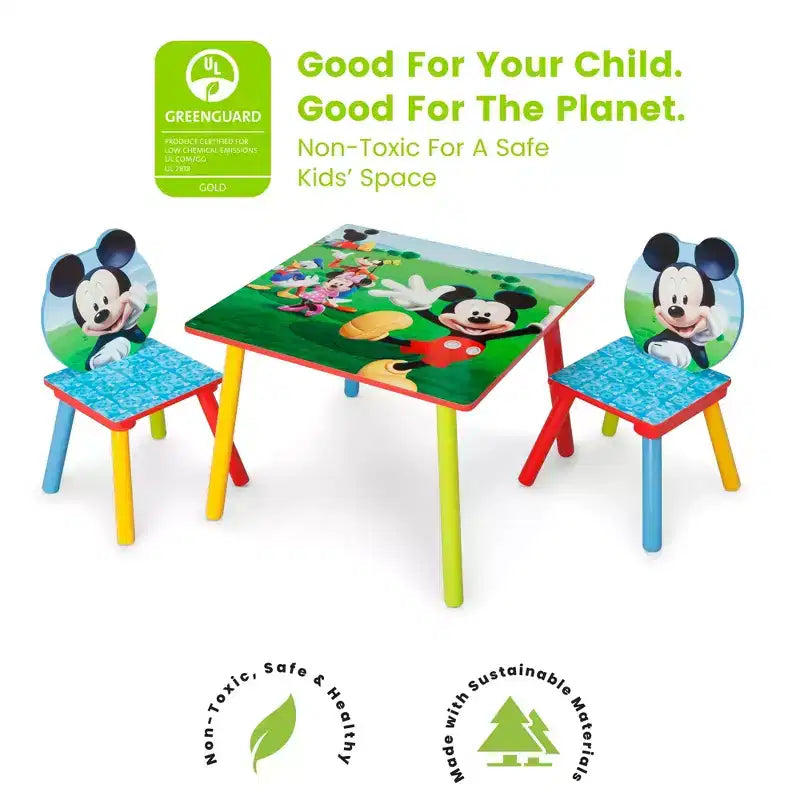Tavolo e 2 Sedie per Bambini Topolino – Età 3-6 anni, Antigraffio, Portata 22,7 kg