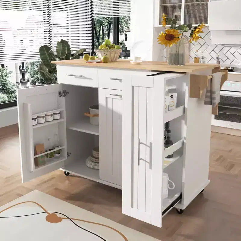 Isola da cucina bianca con anta a ribalta – Carrello su ruote con ripiani e superficie di preparazione