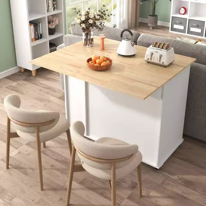 Isola da cucina bianca con anta a ribalta – Carrello su ruote con ripiani e superficie di preparazione