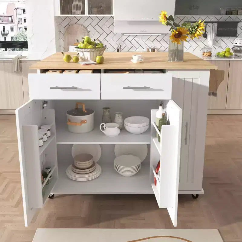 Isola da cucina bianca con anta a ribalta – Carrello su ruote con ripiani e superficie di preparazione