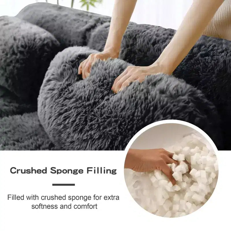 Divano sezionale modulare a L da 149" con pouf e cuscini decorativi – Tessuto felpato color kaki chiaro