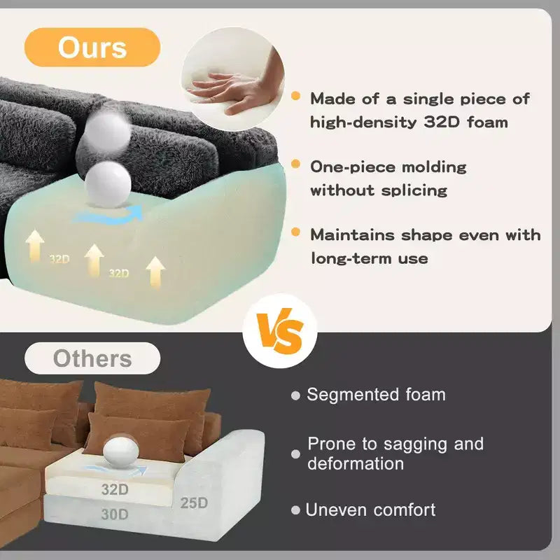 Divano sezionale modulare a L da 149" con pouf e cuscini decorativi – Tessuto felpato color kaki chiaro