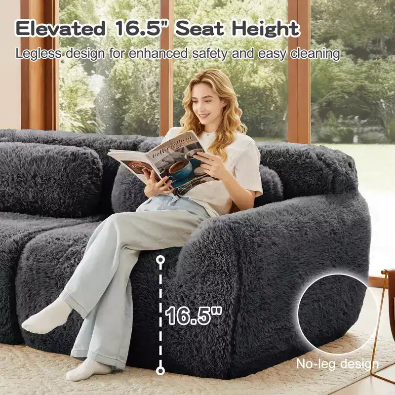 Divano sezionale modulare a L da 149" con pouf e cuscini decorativi – Tessuto felpato color kaki chiaro
