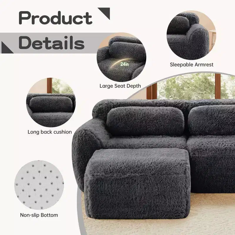 Divano sezionale modulare a L da 149" con pouf e cuscini decorativi – Tessuto felpato color kaki chiaro