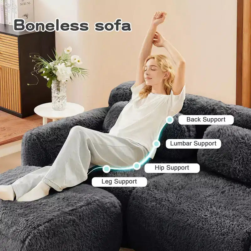 Divano sezionale modulare a L da 149" con pouf e cuscini decorativi – Tessuto felpato color kaki chiaro