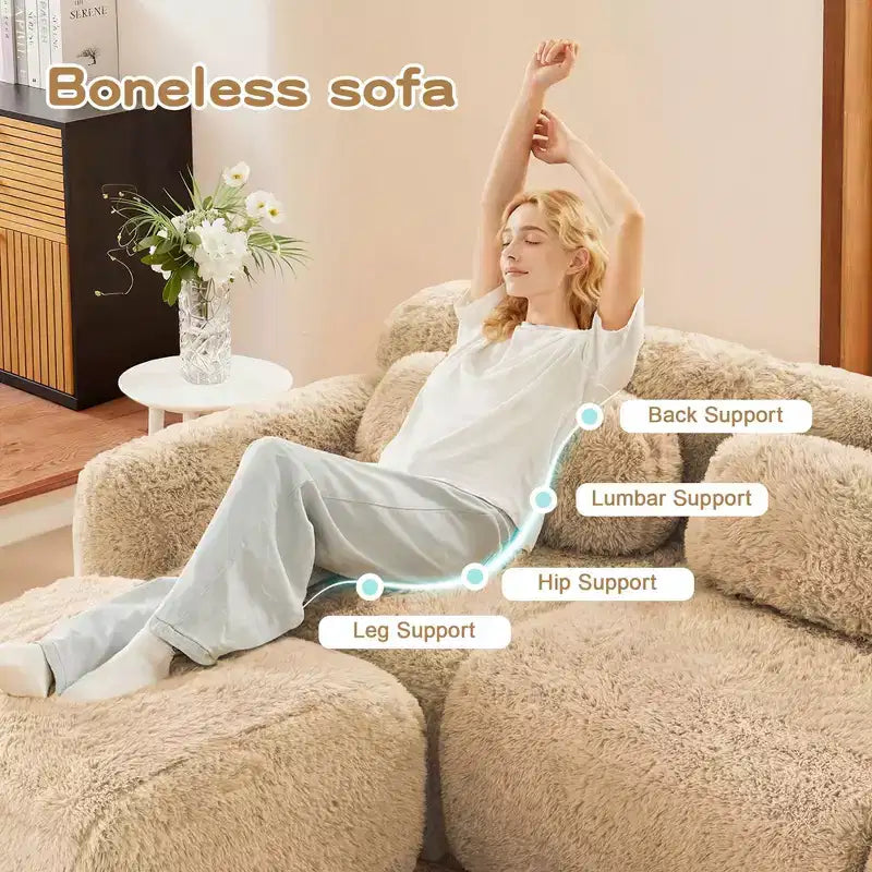Divano sezionale modulare a L da 149" con pouf e cuscini decorativi – Tessuto felpato color kaki chiaro
