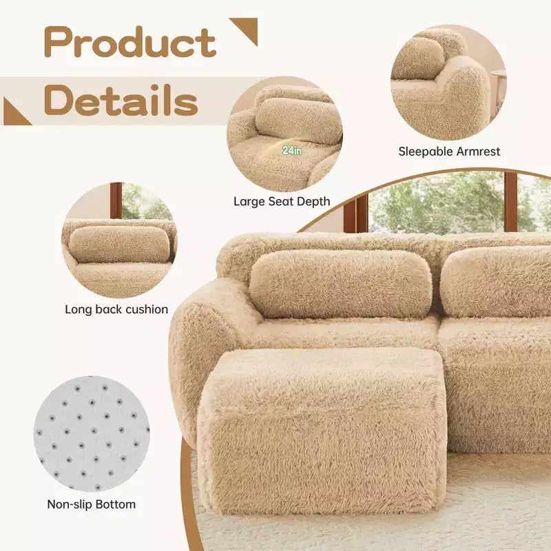 Divano sezionale modulare a L da 149" con pouf e cuscini decorativi – Tessuto felpato color kaki chiaro