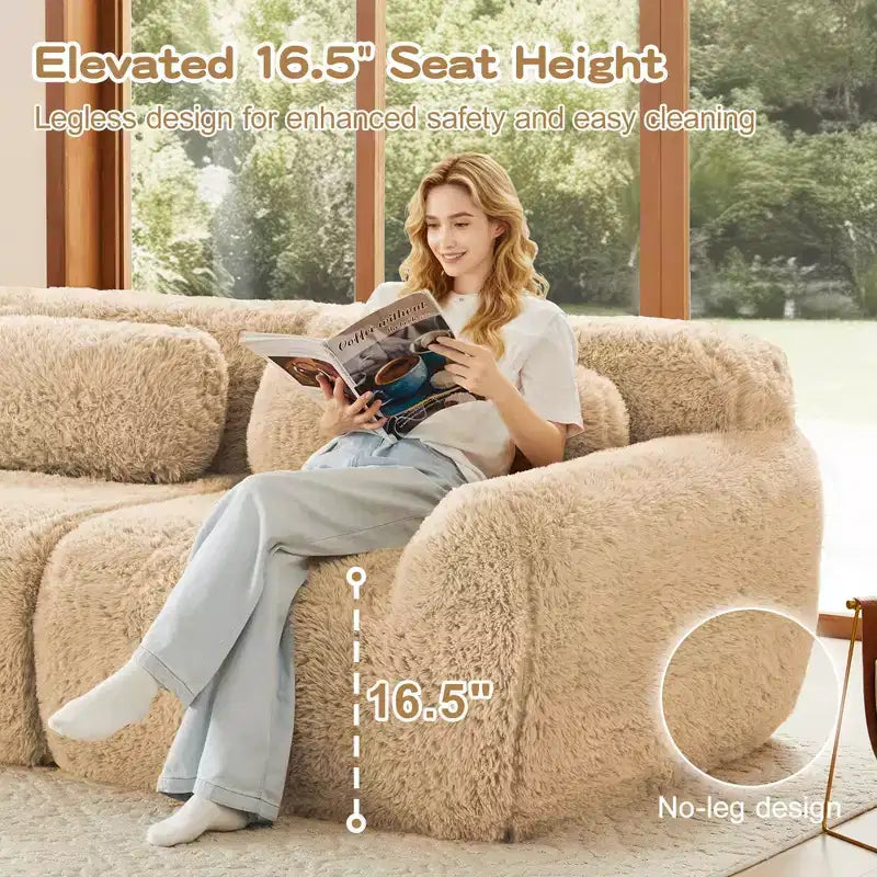 Divano sezionale modulare a L da 149" con pouf e cuscini decorativi – Tessuto felpato color kaki chiaro