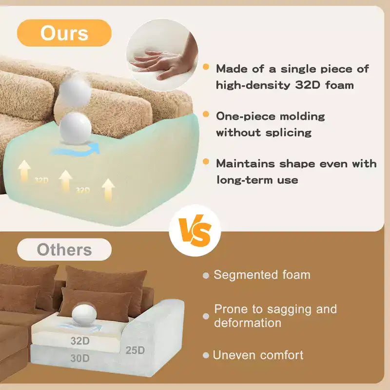 Divano sezionale modulare a L da 149" con pouf e cuscini decorativi – Tessuto felpato color kaki chiaro