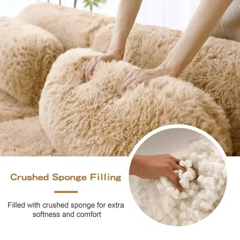 Divano sezionale modulare a L da 149" con pouf e cuscini decorativi – Tessuto felpato color kaki chiaro