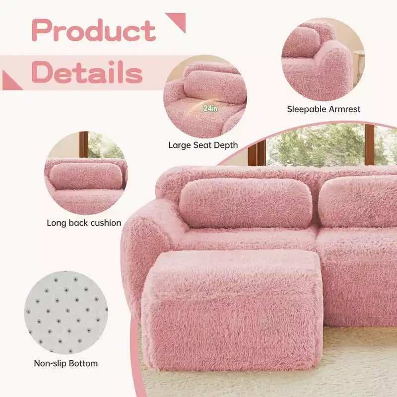 Divano sezionale modulare a L da 149" con pouf e cuscini decorativi – Tessuto felpato color kaki chiaro