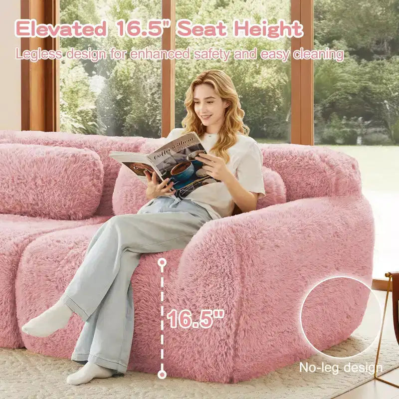 Divano sezionale modulare a L da 149" con pouf e cuscini decorativi – Tessuto felpato color kaki chiaro