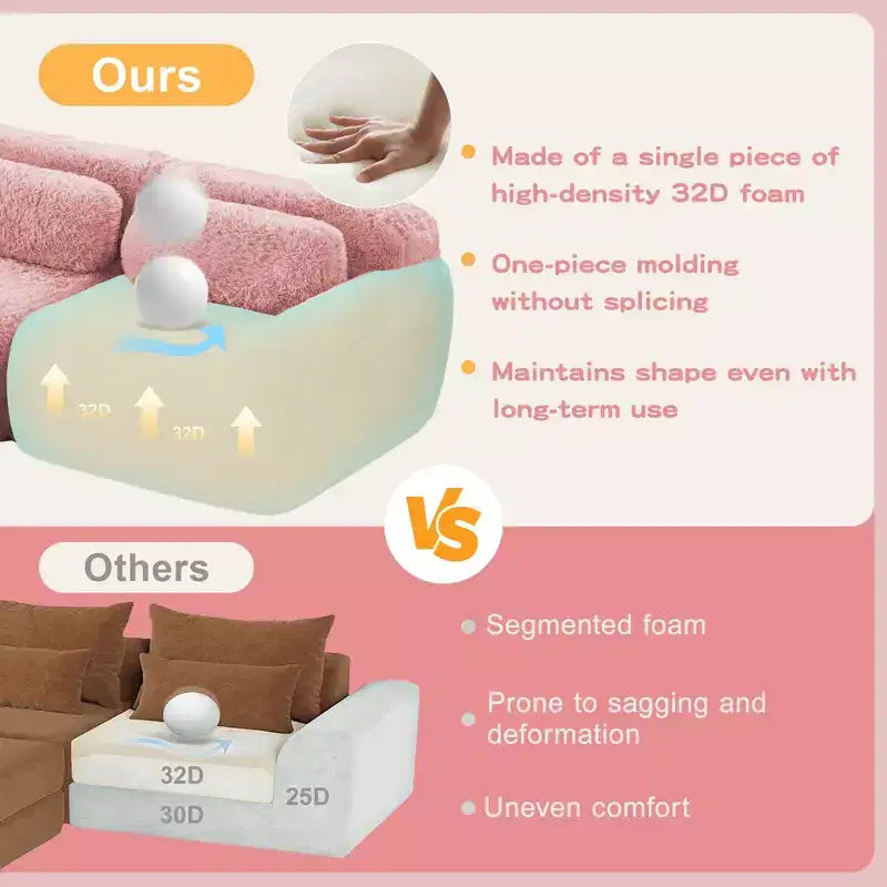 Divano sezionale modulare a L da 149" con pouf e cuscini decorativi – Tessuto felpato color kaki chiaro