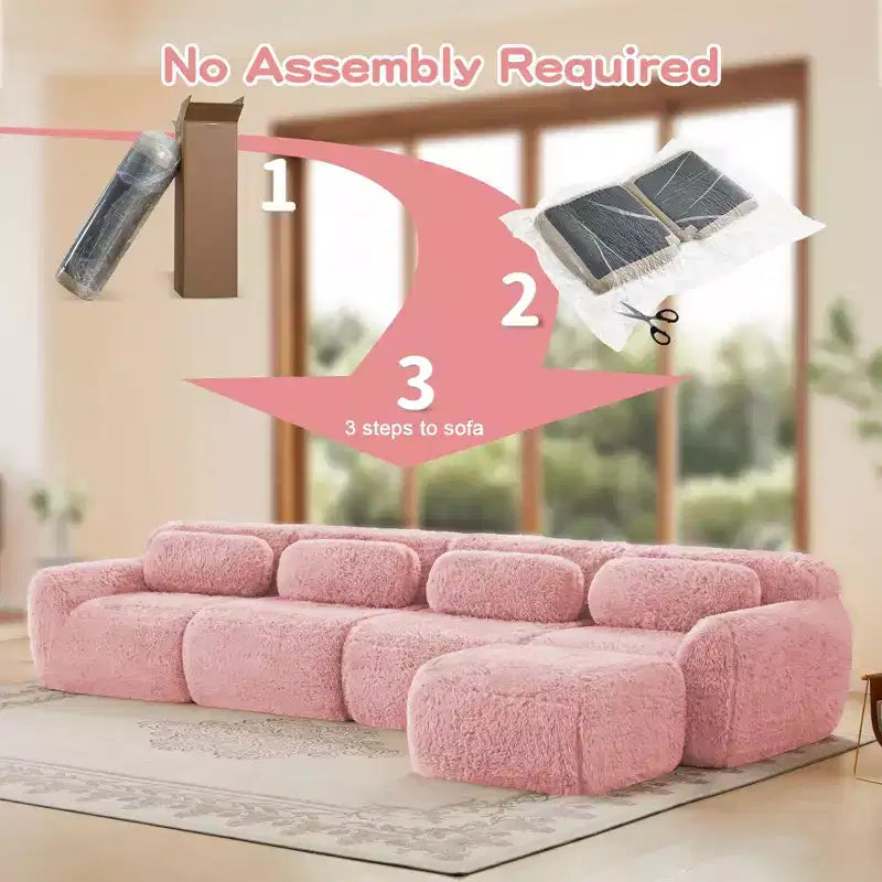 Divano sezionale modulare a L da 149" con pouf e cuscini decorativi – Tessuto felpato color kaki chiaro