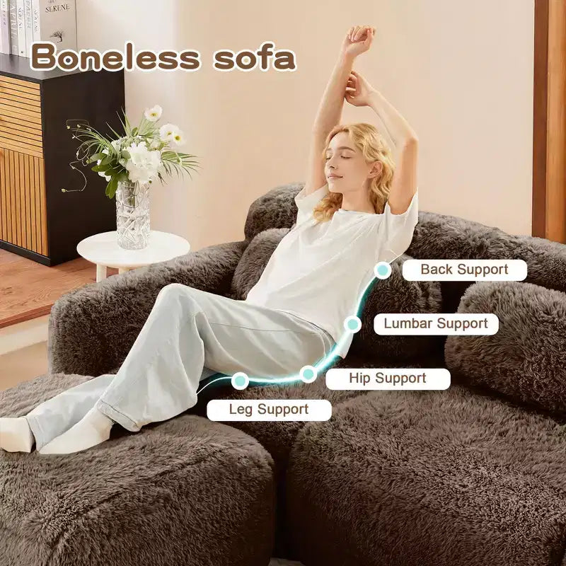 Divano sezionale modulare a L da 149" con pouf e cuscini decorativi – Tessuto felpato color kaki chiaro