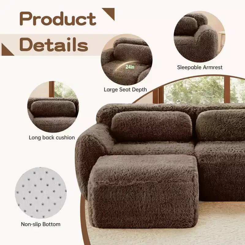 Divano sezionale modulare a L da 149" con pouf e cuscini decorativi – Tessuto felpato color kaki chiaro
