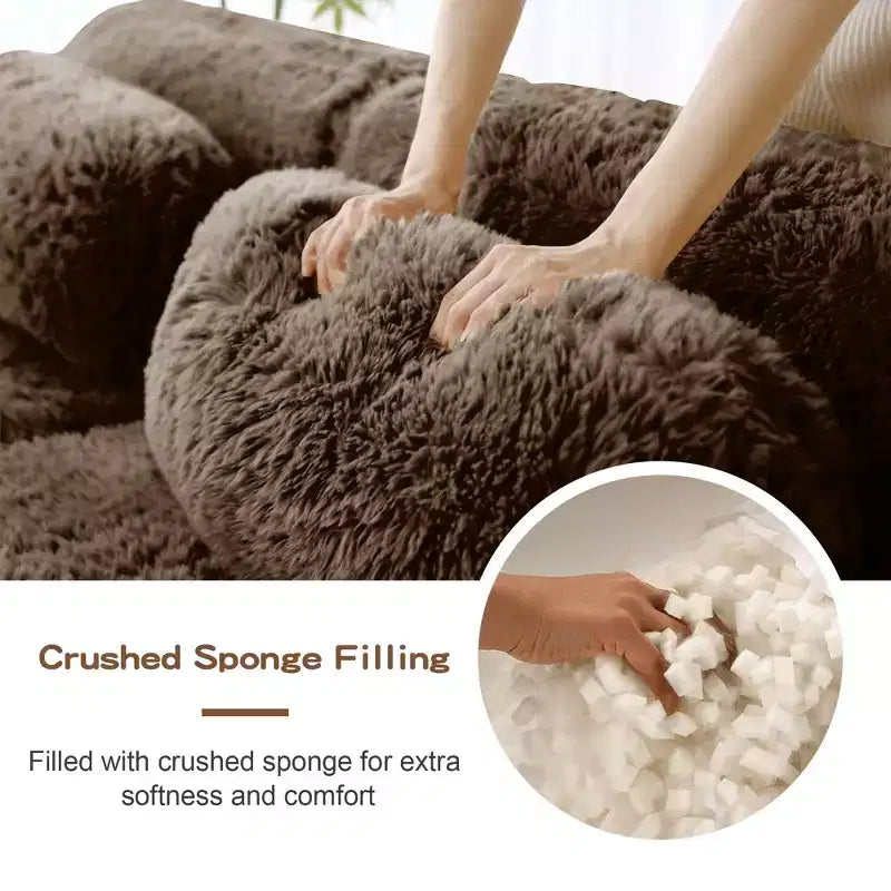 Divano sezionale modulare a L da 149" con pouf e cuscini decorativi – Tessuto felpato color kaki chiaro
