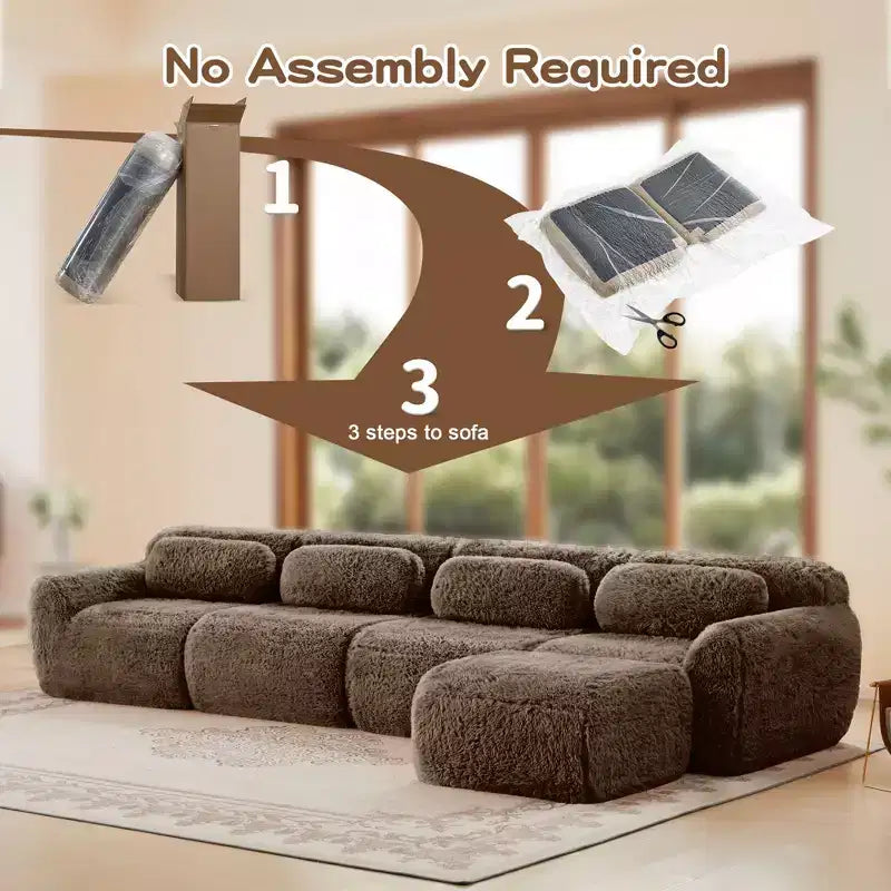 Divano sezionale modulare a L da 149" con pouf e cuscini decorativi – Tessuto felpato color kaki chiaro