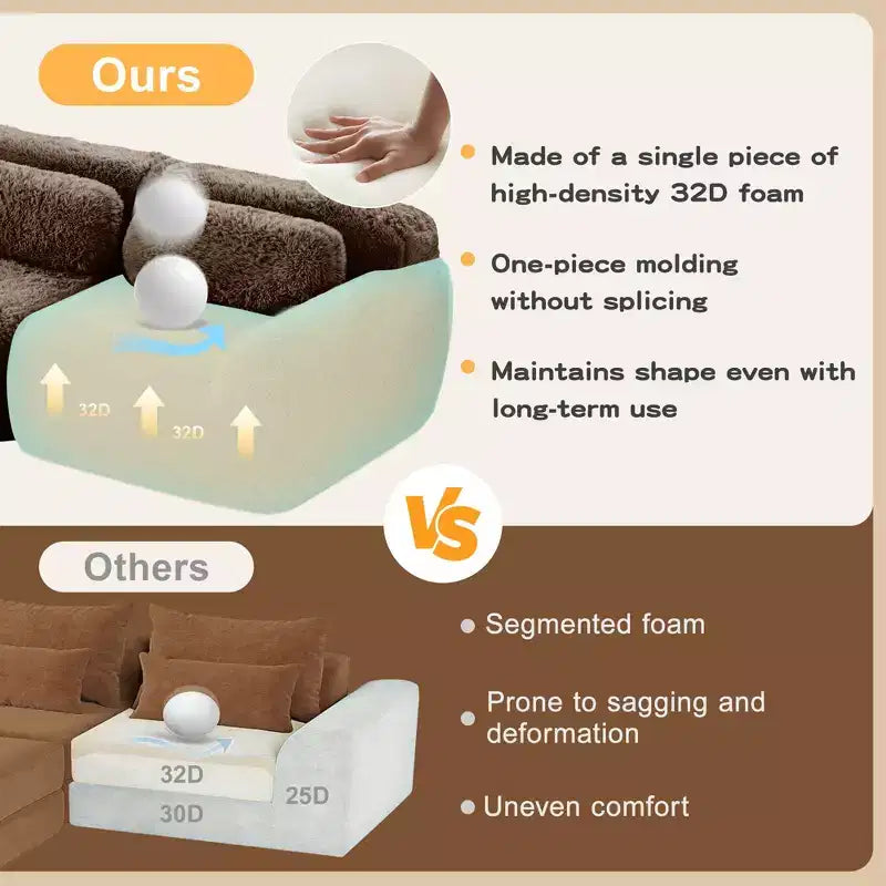 Divano sezionale modulare a L da 149" con pouf e cuscini decorativi – Tessuto felpato color kaki chiaro
