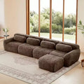Divano sezionale modulare a L da 149" con pouf e cuscini decorativi – Tessuto felpato color kaki chiaro