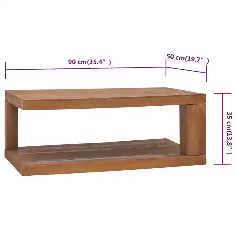 Tavolino da Caffè Rettangolare in Legno Massello di Teak – 90 cm (lunghezza) x 50 cm (larghezza) x 35 cm (altezza) con Ripiano Inferiore
