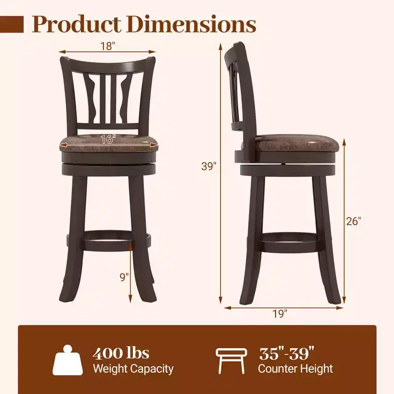Set di 2 sgabelli da bar girevoli da 66 cm (altezza bancone) – Schienale alto in similpelle, capacità 180 kg