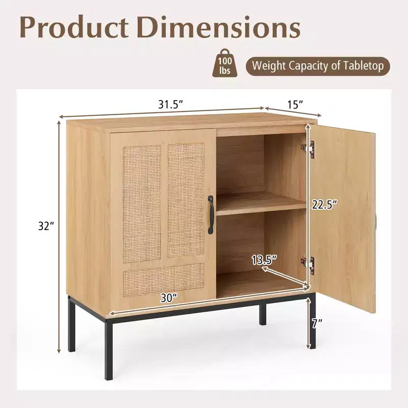 Credenza a 2 ante in rattan con ripiano regolabile – Stile Boho, capacità 113 kg