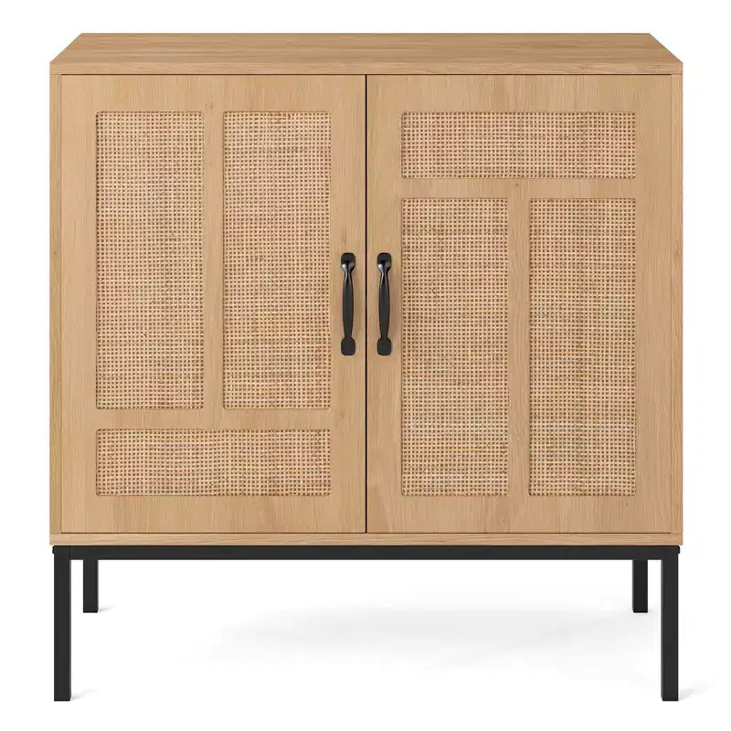 Credenza a 2 ante in rattan con ripiano regolabile – Stile Boho, capacità 113 kg