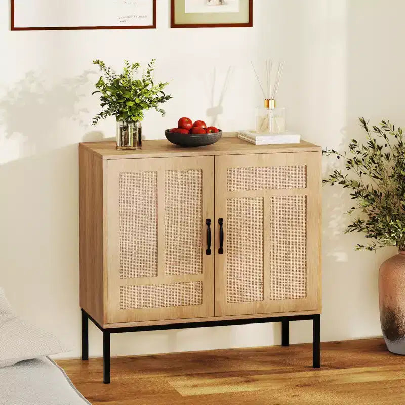 Credenza a 2 ante in rattan con ripiano regolabile – Stile Boho, capacità 113 kg