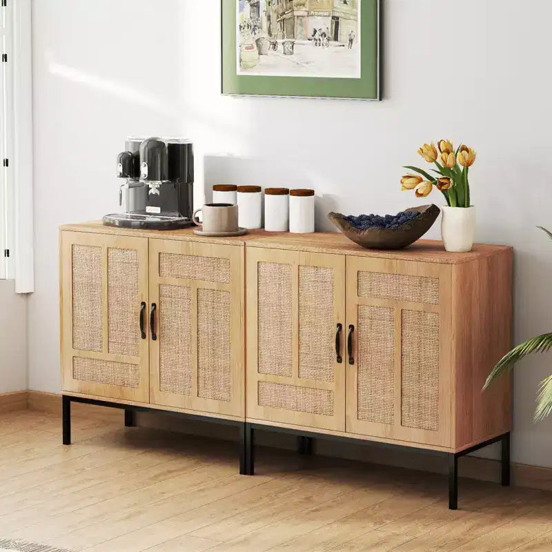 Credenza a 2 ante in rattan con ripiano regolabile – Stile Boho, capacità 113 kg