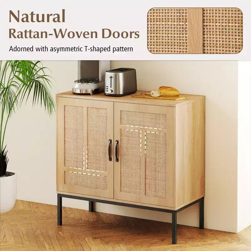 Credenza a 2 ante in rattan con ripiano regolabile – Stile Boho, capacità 113 kg