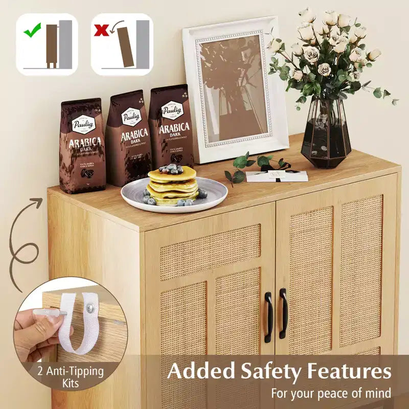 Credenza a 2 ante in rattan con ripiano regolabile – Stile Boho, capacità 113 kg