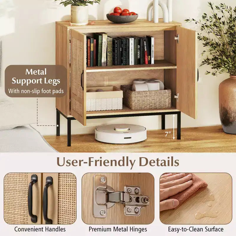 Credenza a 2 ante in rattan con ripiano regolabile – Stile Boho, capacità 113 kg