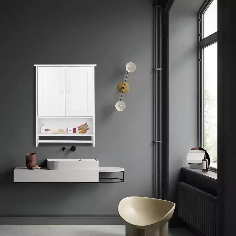 Pensile per bagno con due ante – MDF bianco, mensola a giorno e vano contenitore a scomparsa