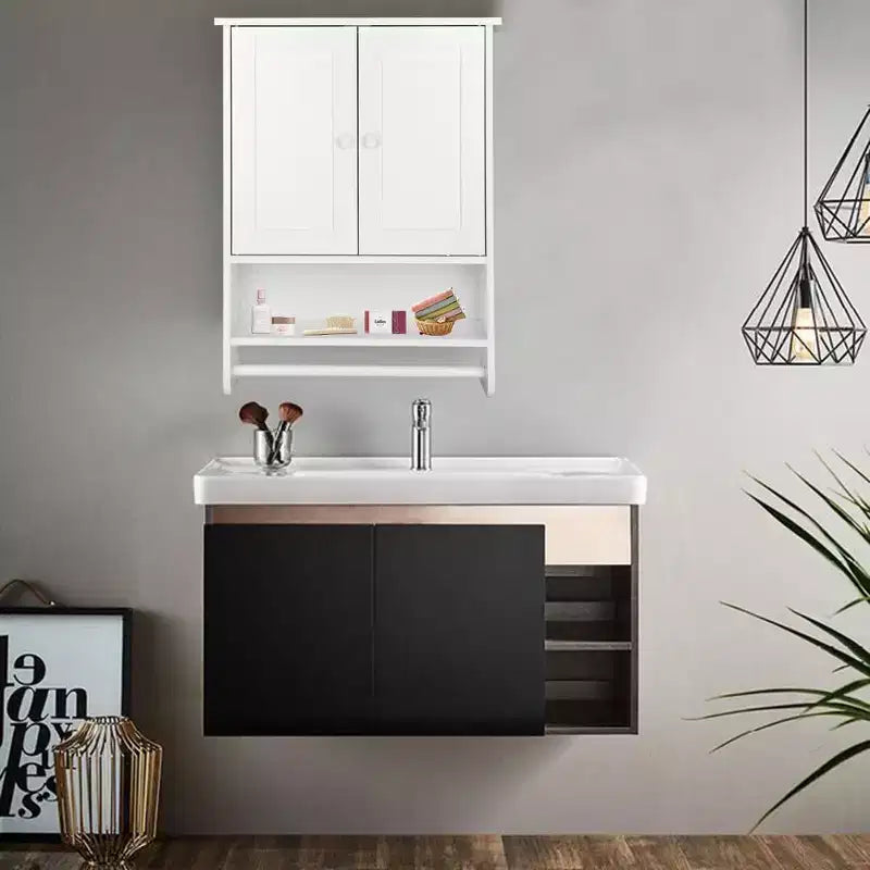 Pensile per bagno con due ante – MDF bianco, mensola a giorno e vano contenitore a scomparsa