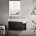Pensile per bagno con due ante – MDF bianco, mensola a giorno e vano contenitore a scomparsa