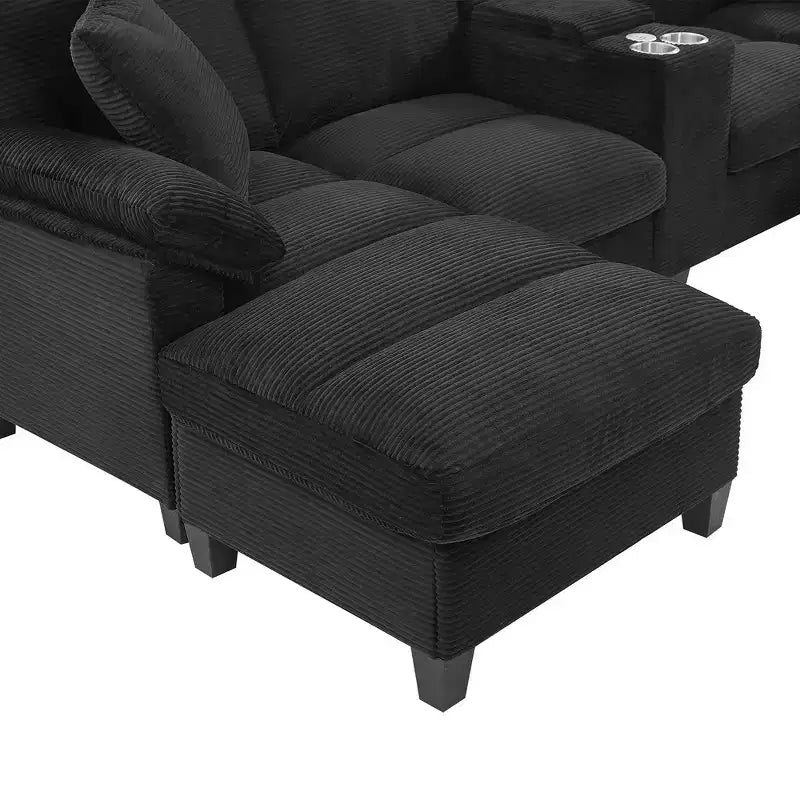 Divano componibile moderno a U da 297 cm – Tessuto a coste, pouf contenitore e portabicchieri, 4 posti
