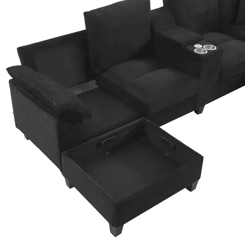 Divano componibile moderno a U da 297 cm – Tessuto a coste, pouf contenitore e portabicchieri, 4 posti