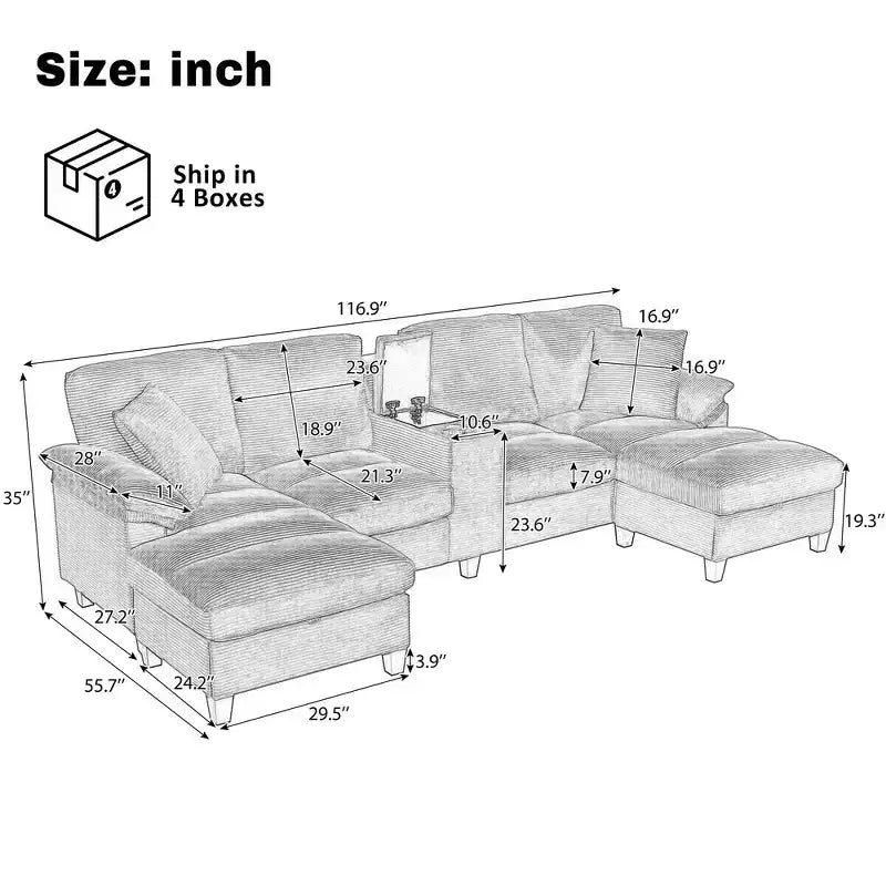 Divano componibile moderno a U da 297 cm – Tessuto a coste, pouf contenitore e portabicchieri, 4 posti