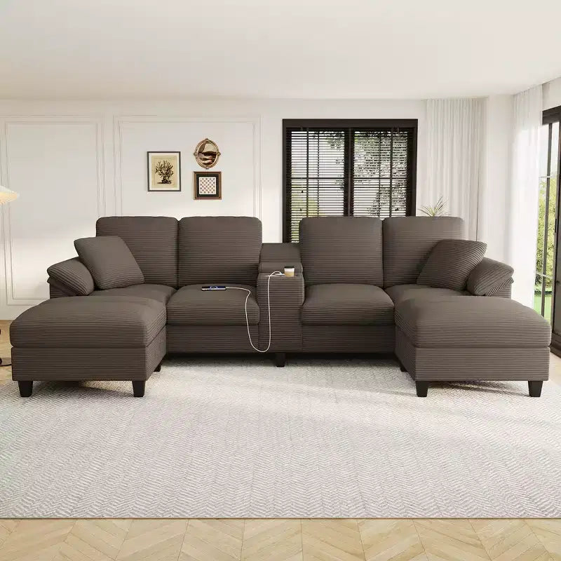 Divano componibile moderno a U da 297 cm – Tessuto a coste, pouf contenitore e portabicchieri, 4 posti