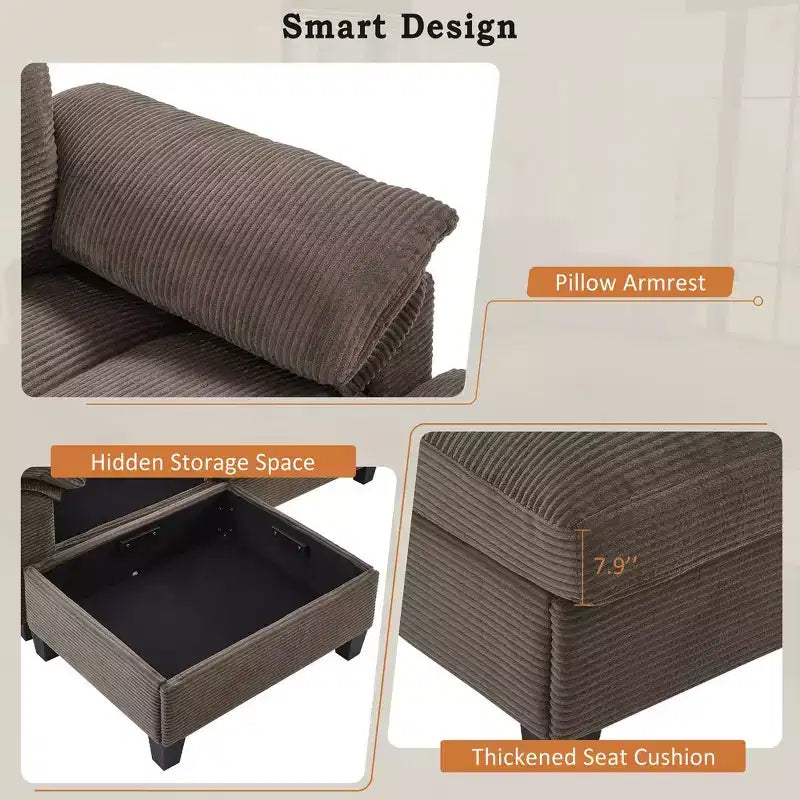 Divano componibile moderno a U da 297 cm – Tessuto a coste, pouf contenitore e portabicchieri, 4 posti