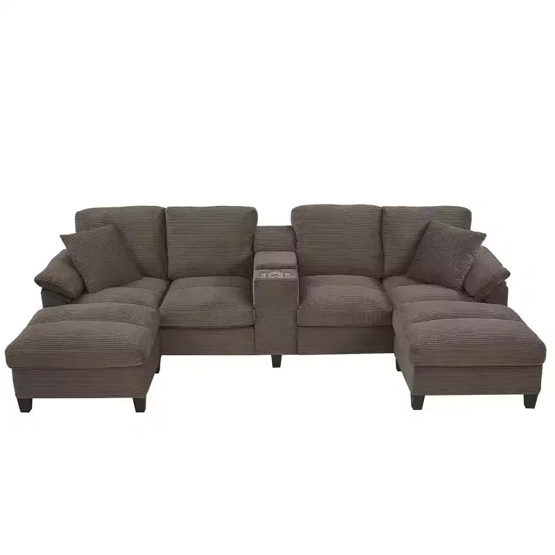 Divano componibile moderno a U da 297 cm – Tessuto a coste, pouf contenitore e portabicchieri, 4 posti