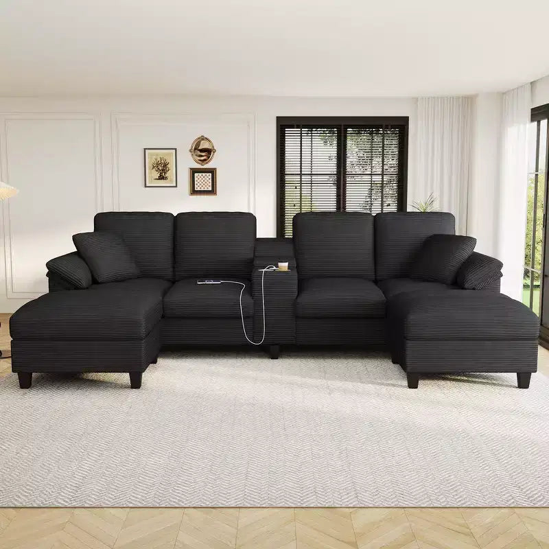 Divano componibile moderno a U da 297 cm – Tessuto a coste, pouf contenitore e portabicchieri, 4 posti