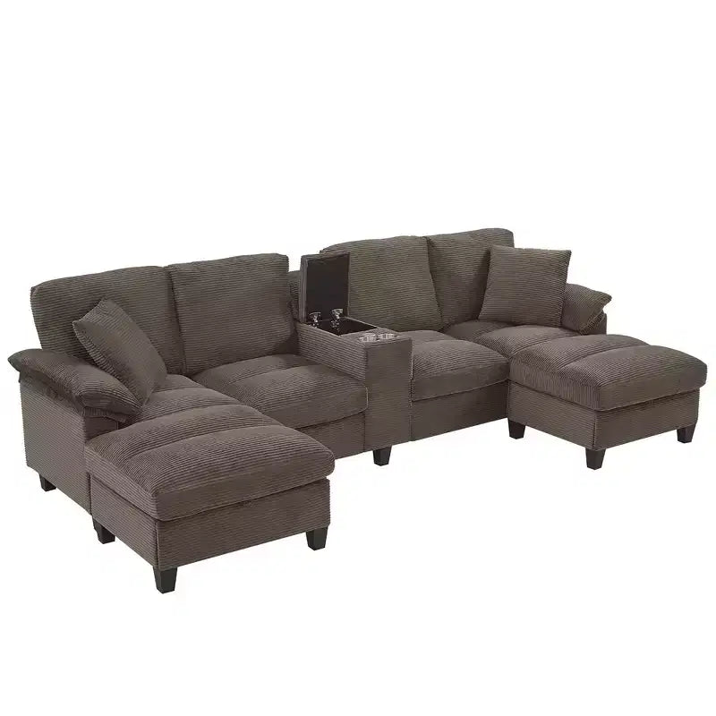 Divano componibile moderno a U da 297 cm – Tessuto a coste, pouf contenitore e portabicchieri, 4 posti