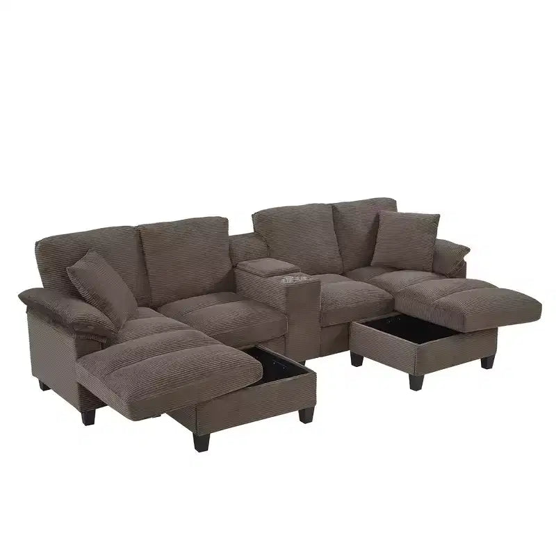 Divano componibile moderno a U da 297 cm – Tessuto a coste, pouf contenitore e portabicchieri, 4 posti