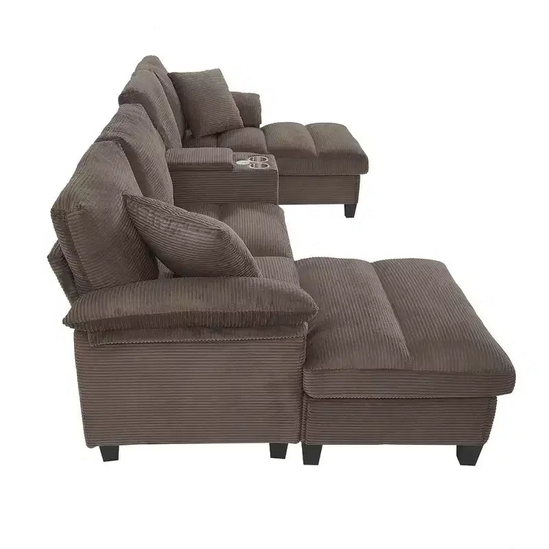 Divano componibile moderno a U da 297 cm – Tessuto a coste, pouf contenitore e portabicchieri, 4 posti