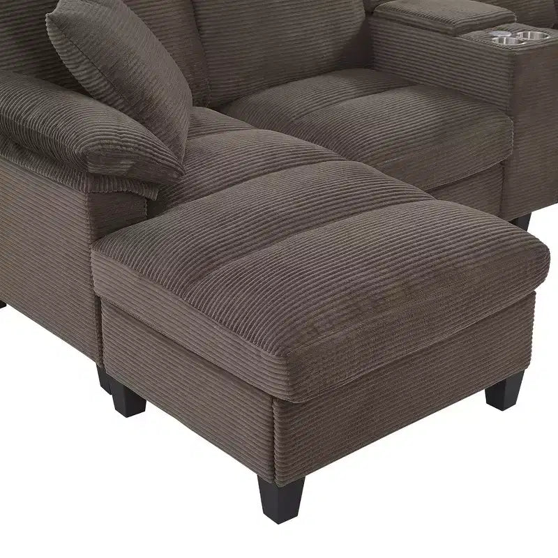 Divano componibile moderno a U da 297 cm – Tessuto a coste, pouf contenitore e portabicchieri, 4 posti