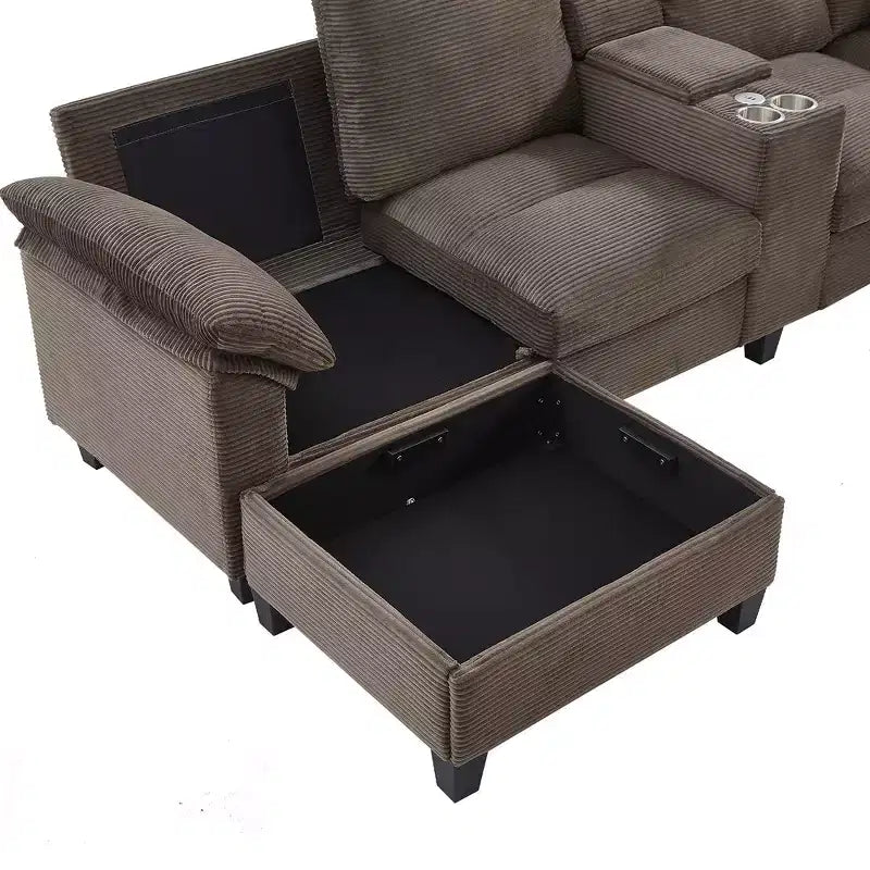 Divano componibile moderno a U da 297 cm – Tessuto a coste, pouf contenitore e portabicchieri, 4 posti
