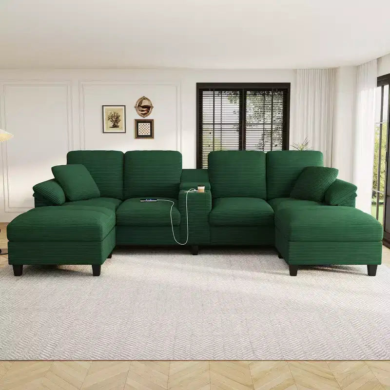 Divano componibile moderno a U da 297 cm – Tessuto a coste, pouf contenitore e portabicchieri, 4 posti